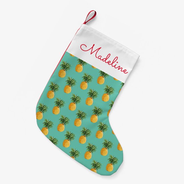 Petite Chaussette De Noël Les ananas tropicaux sur Teal | ajoutent votre nom (Devant (Accrochage))