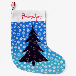 Petite Chaussette De Noël Les flocons de neige sur le bleu ombre avec arbre 