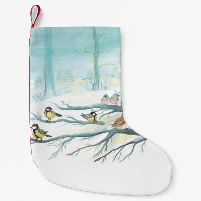 Petite Chaussette De Noël Les oiseaux forestiers en hiver (Devant)