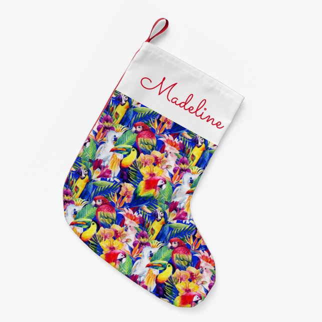 Petite Chaussette De Noël Les perroquets d'aquarelle | ajoutent votre nom (Devant (Accrochage))