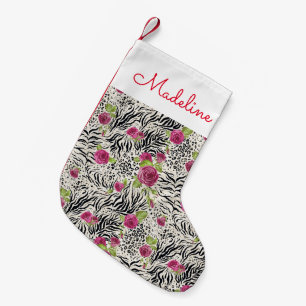 Petite Chaussette De Noël Les roses sur le motif animal ajoutent votre nom