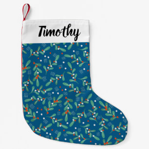 Petite Chaussette De Noël Les verts de Noël avec baies Holly Bleu Rouge Blan