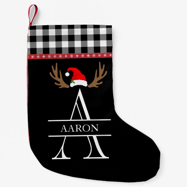 Petite Chaussette De Noël Lettre A Monogramme Carreaux Noir, Blanc Rouge (Devant)