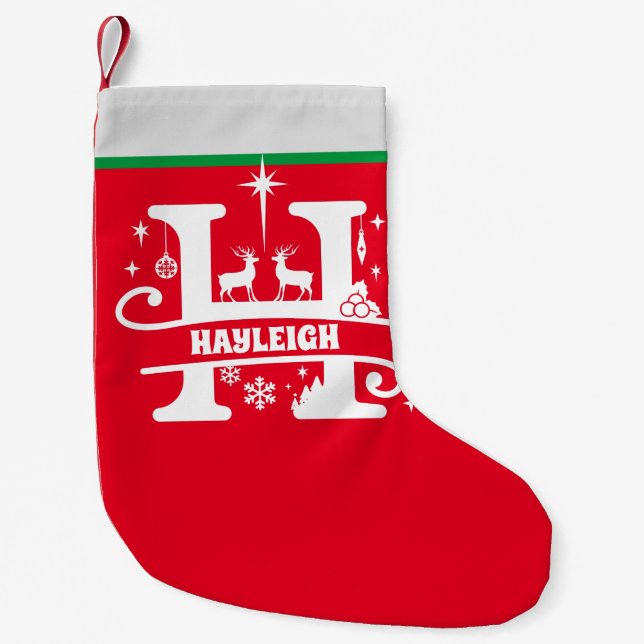 Petite Chaussette De Noël Lettre H Monogramme de Noël Nom initial Rouge Blan (Devant)