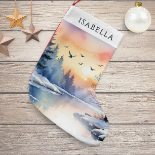 Petite Chaussette De Noël Lever de soleil sur le lac d'hiver, scène de neige