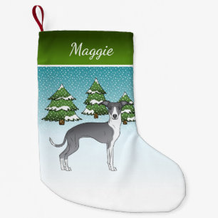 Petite Chaussette De Noël Lévrier Italien Bleu Et Blanc Dans La Forêt En Hiv