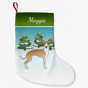 Petite Chaussette De Noël Lévrier Italien Fauve Et Blanc Dans La Forêt D'Hiv