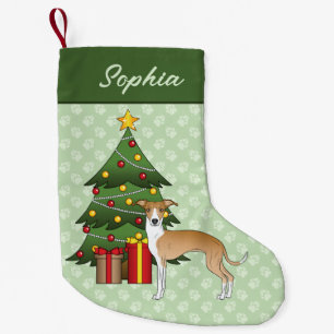 Petite Chaussette De Noël Lévrier Italien Fauve Et Blanc & Sapin De Noël