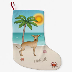Petite Chaussette De Noël Lévrier Italien Fauve sur Plage Tropicale d'Été