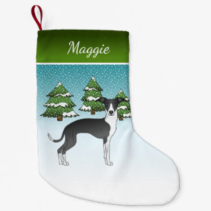 Petite Chaussette De Noël Lévrier Italien Noir Et Blanc Dans La Forêt D'Hive