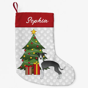 Petite Chaussette De Noël Lévrier Italien Noir Et Blanc & Sapin de Noël
