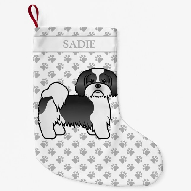 Petite Chaussette De Noël Lhasa Apso, noir et blanc, caricature Chien et nom (Devant)