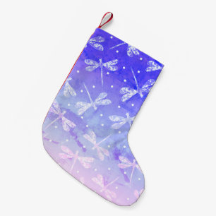 Petite Chaussette De Noël Libellules aquarelles ombrées bleu rose moderne