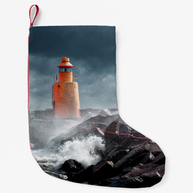 PETITE CHAUSSETTE DE NOËL LIGHTHOUSE ORANGE SUR ROCK (Devant)