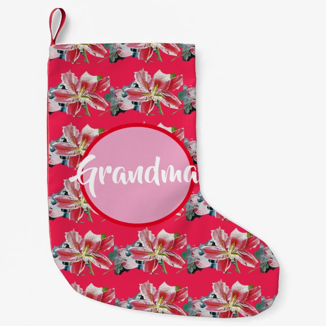 Petite Chaussette De Noël Lily Aquarelle Fleurs rouges Grand-mère Stocker (Devant)