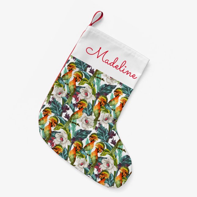 Petite Chaussette De Noël L'oiseau et le motif de fleur exotique | ajoutent (Devant (Accrochage))