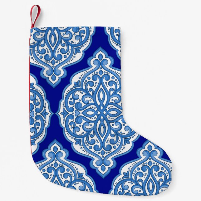 Petite Chaussette De Noël Luxe blanc-bleu, ornement turc. (Devant)