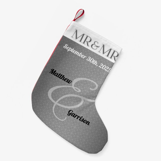 Petite Chaussette De Noël M. et M. Silver Damask Mariage gay avec des noms (Devant (Accrochage))