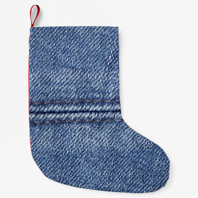 Petite Chaussette De Noël Macro Dénim Bleu, Texture Gros Plan. (Devant)