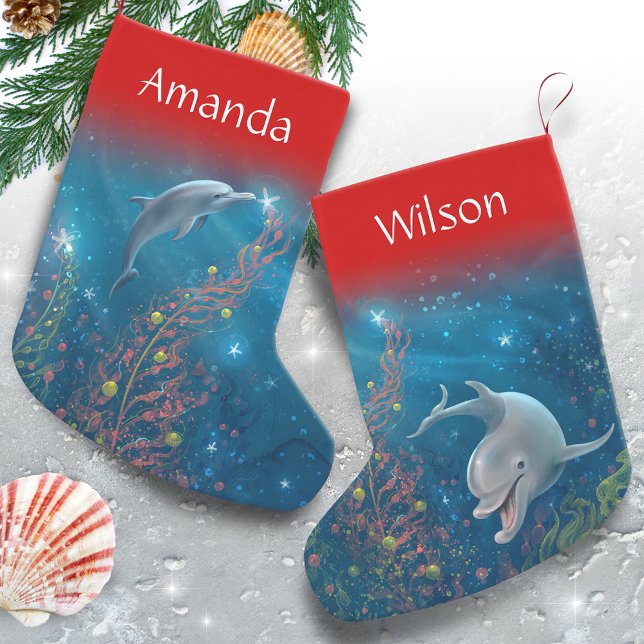 Petite Chaussette De Noël Magique Dolphin Plage unique Nom à thème (Add a custom name and easily change the top accent color on these unique dolphin Christmas stockings)