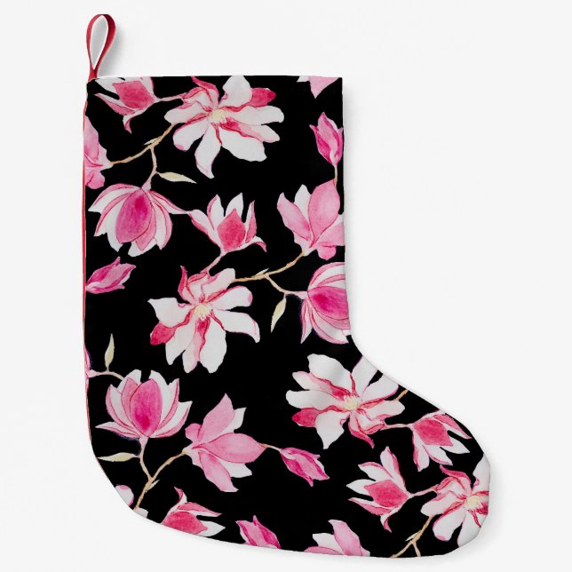 Petite Chaussette De Noël Magnolia romantique : Aquarelle noire (Devant)
