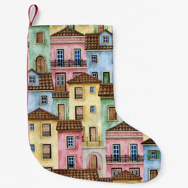 Petite Chaussette De Noël Maisons de Lisbonne : Aquarelle Motif funiculaire. (Devant)