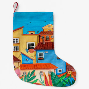 Petite Chaussette De Noël Maisons italiennes. Gouache tirée à la main
