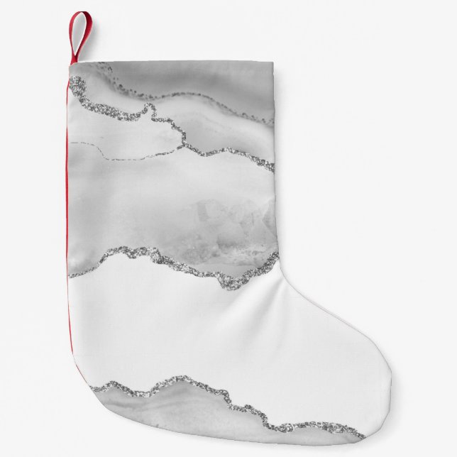 Petite Chaussette De Noël Marbre Blanc Gris Agate Simple Paillettes Argentée (Devant)