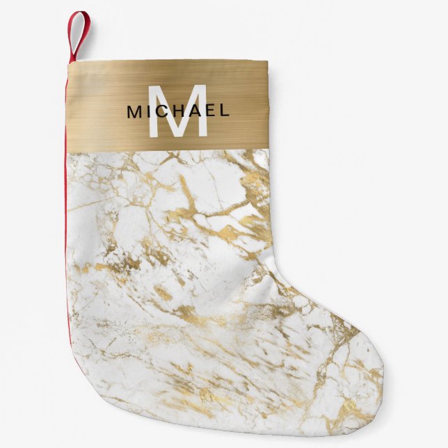 Petite Chaussette De Noël Marbre Blanc Métallisé Or Monogramme (Devant)