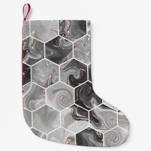 Petite Chaussette De Noël Marbre hexagone texture transparente avec motif or (Devant)
