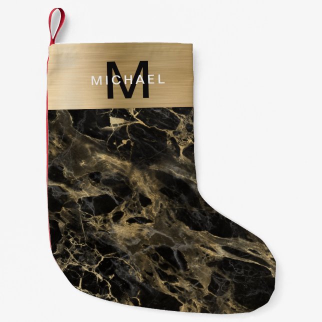 Petite Chaussette De Noël Marbre Noir Métallisé Or Monogramme  (Devant)