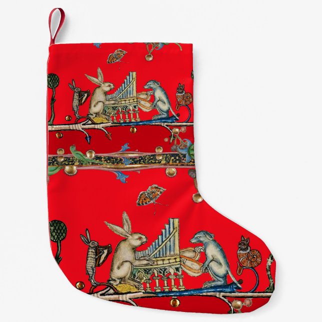 Petite Chaussette De Noël MEDIEVAL BESTIARY MAKING MUSIC,Rabbit,Dog ,Red  (Devant)