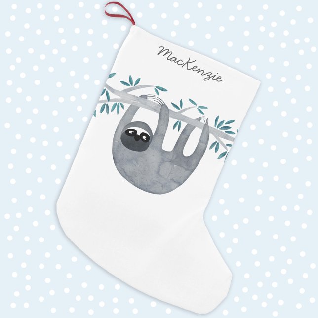 Petite Chaussette De Noël Mélange Sloth Personnalisé (Cute watercolor sloth art personalized modern script name Christmas stocking)
