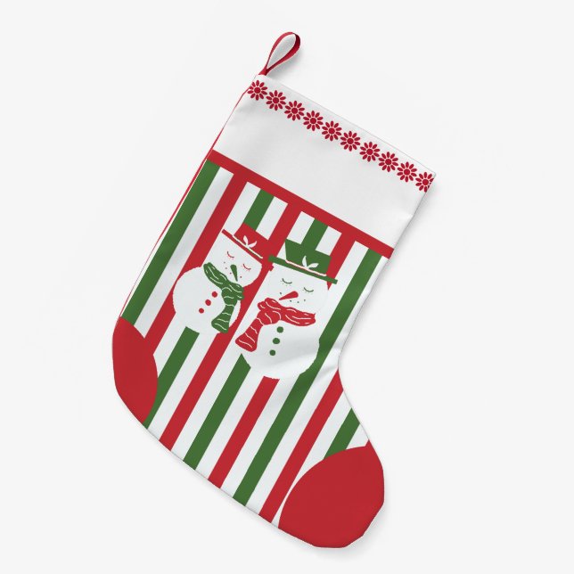 Petite Chaussette De Noël Mellow Snowmen - Xmas red white green stripes. (Devant (Accrochage))