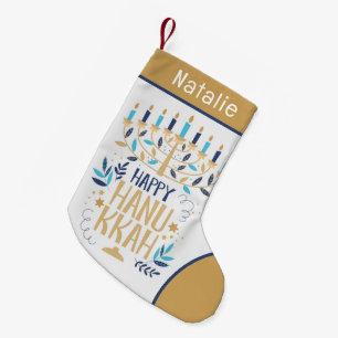 Petite Chaussette De Noël Menorah de Hanoukka en or bleu personnalisé