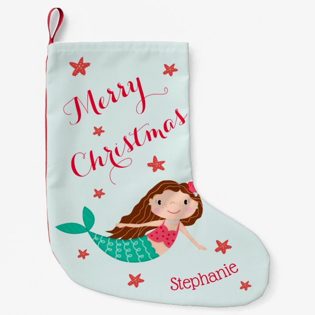 Petite Chaussette De Noël Mermaid Christmas Red Aqua Personnalisé (Devant)
