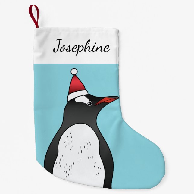 Petite Chaussette De Noël Mignonette Gentoo Portant Le Chapeau Du Père Noël  (Devant)