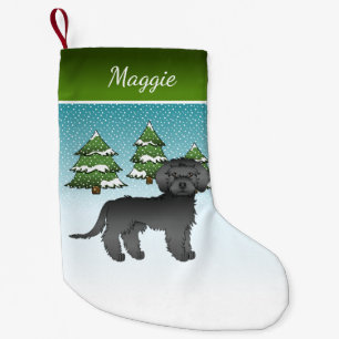 Petite Chaussette De Noël Mini Goldendoodle noir - Forêt d'hiver & Nom