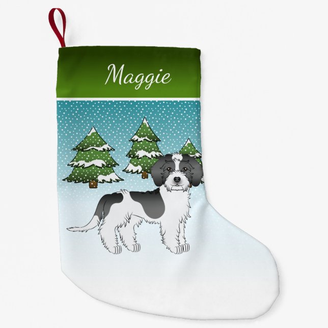 Petite Chaussette De Noël Mini Goldendoodle Parti-couleur Noir Forêt d'Hiver (Devant)