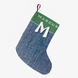 Petite Chaussette De Noël Moderne Bleu Denim Jeans Monogramme Nom Enfants