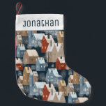 Petite Chaussette De Noël Moderne Cute Nordic Whimsical Winter Night Town<br><div class="desc">Nom personnalisable avec le motif moderne nordique des maisons douillettes peintes à la main et des arbres enneigés dans la nuit d'hiver dans les couleurs bleu,  rouge,  blanc et beige.</div>
