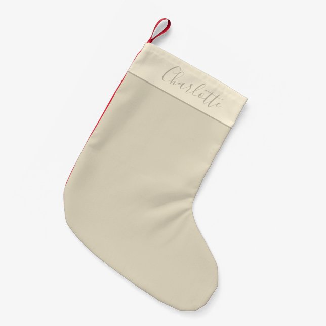 Petite Chaussette De Noël Moderne Ferme Personnalisé Nom Script Beige (Devant (Accrochage))