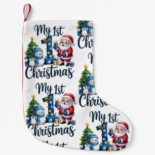Petite Chaussette De Noël Mon premier 1er Noël bébé garçon bleu Xmas bonhomm