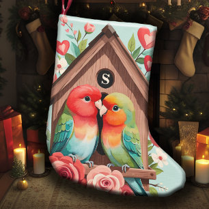 Petite Chaussette De Noël Monogram Lovebird Couple Birdhouse & Heart Pastel
