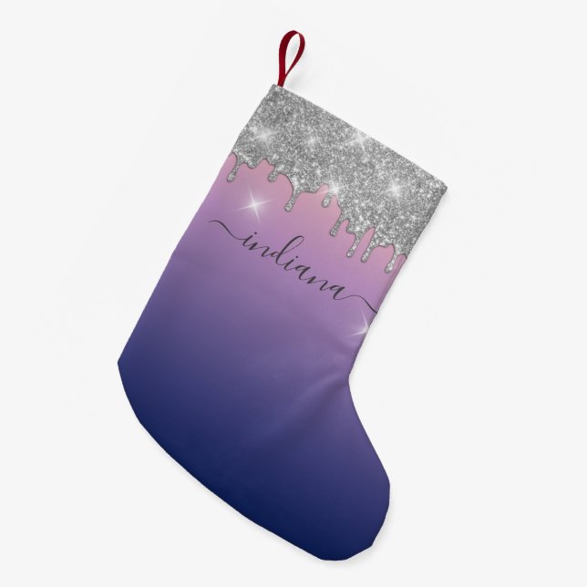 Petite Chaussette De Noël Monogram Silver Parties scintillant Holiday Purple (Devant (Accrochage))