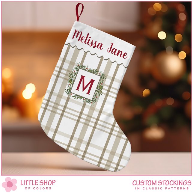 Petite Chaussette De Noël Monogramme À feuillage persistant Plaid Beige (Créateur téléchargé)