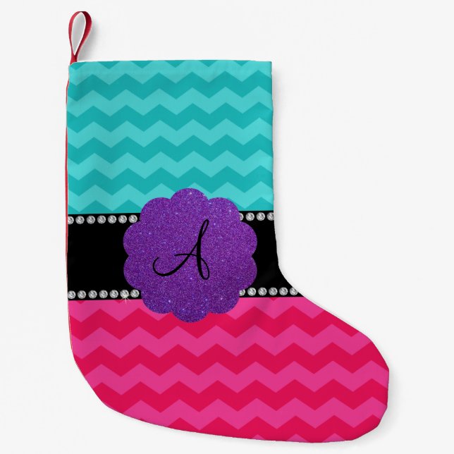Petite Chaussette De Noël Monogramme carreau de chevrons rose turquoise (Devant)
