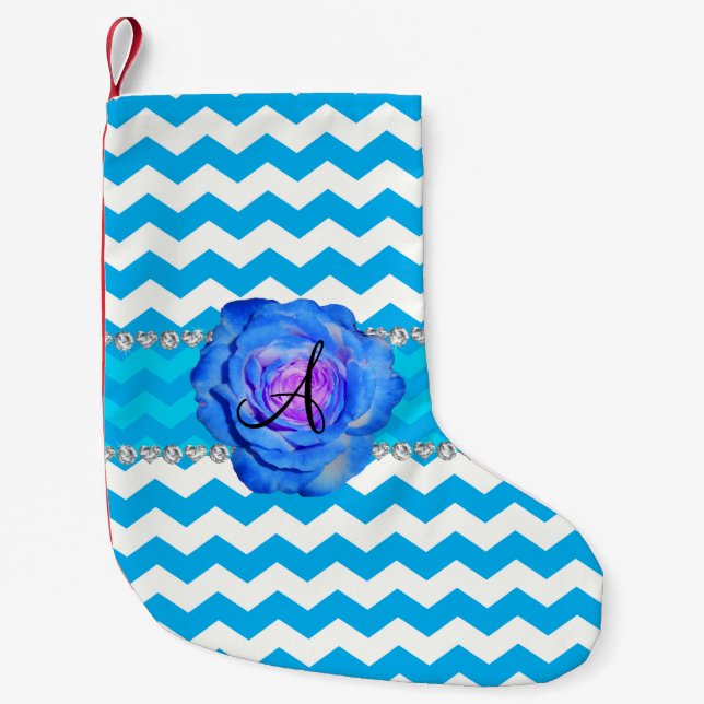 Petite Chaussette De Noël Monogramme ciel bleu chevrons blancs bleu rose (Devant)