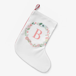 Petite Chaussette De Noël Monogramme de couronne de fleurs rose