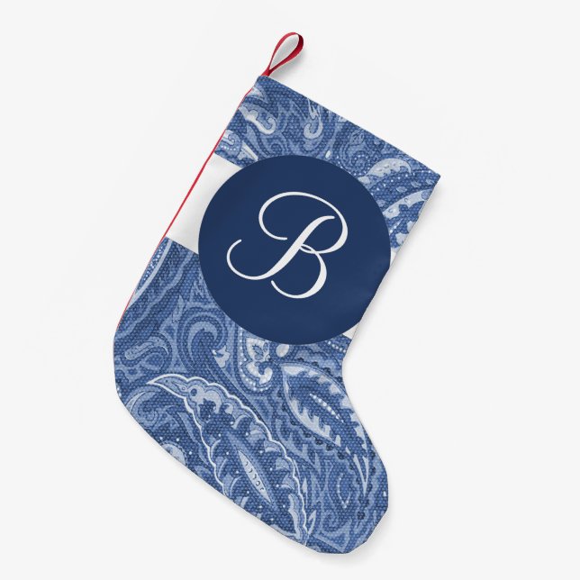 Petite Chaussette De Noël Monogramme de Noël en cachemire bleu (Devant (Accrochage))